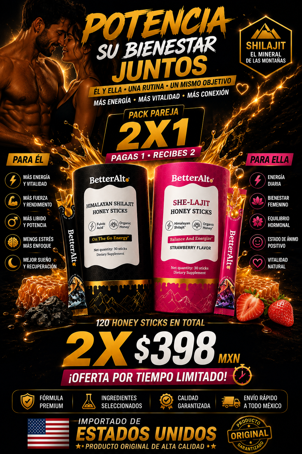 Miel con Shilajit GOLD+™ | 2X1 | 60 Sobres 🔥 para el y ella
