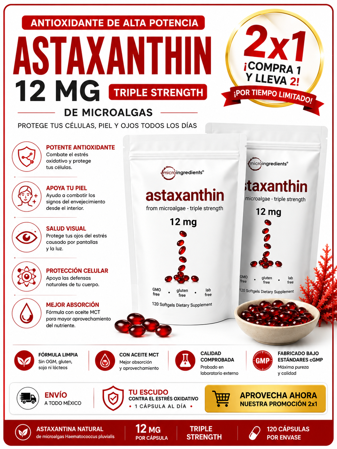 🛡️ Astaxantina 12 mg Triple Strength — Antioxidante Avanzado | 2x1 🔥